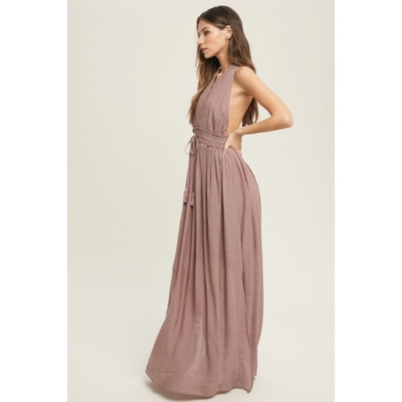 SOLD OUT Dark Mauve Solid Halter Smocked Waist Maxi Casual Boho Dress w/ Side - Picture 3 of 6